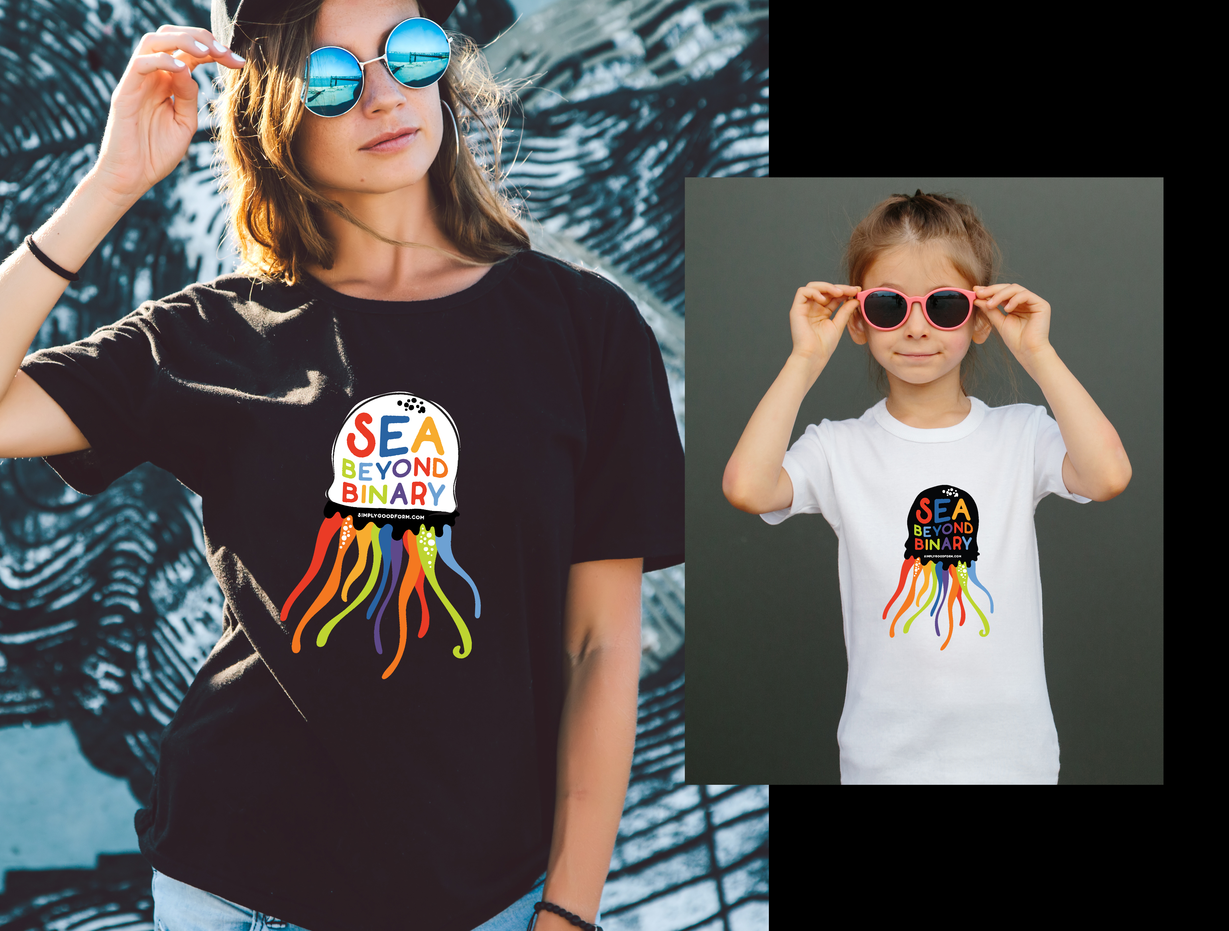 female wearing sunglasses and black Sea Beyond Binary t-shirt beside a child wearing a white Sea Beyond Binary t-shirt